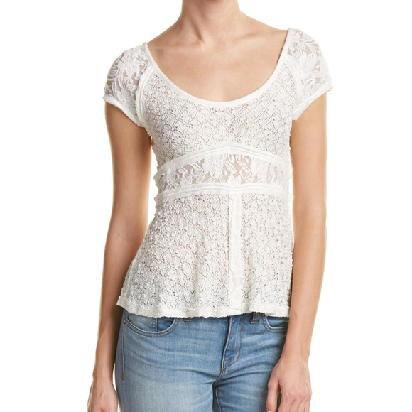 Free People Top Blouse Lace Boho Tee Sz Large NWT - Picture 2 of 5